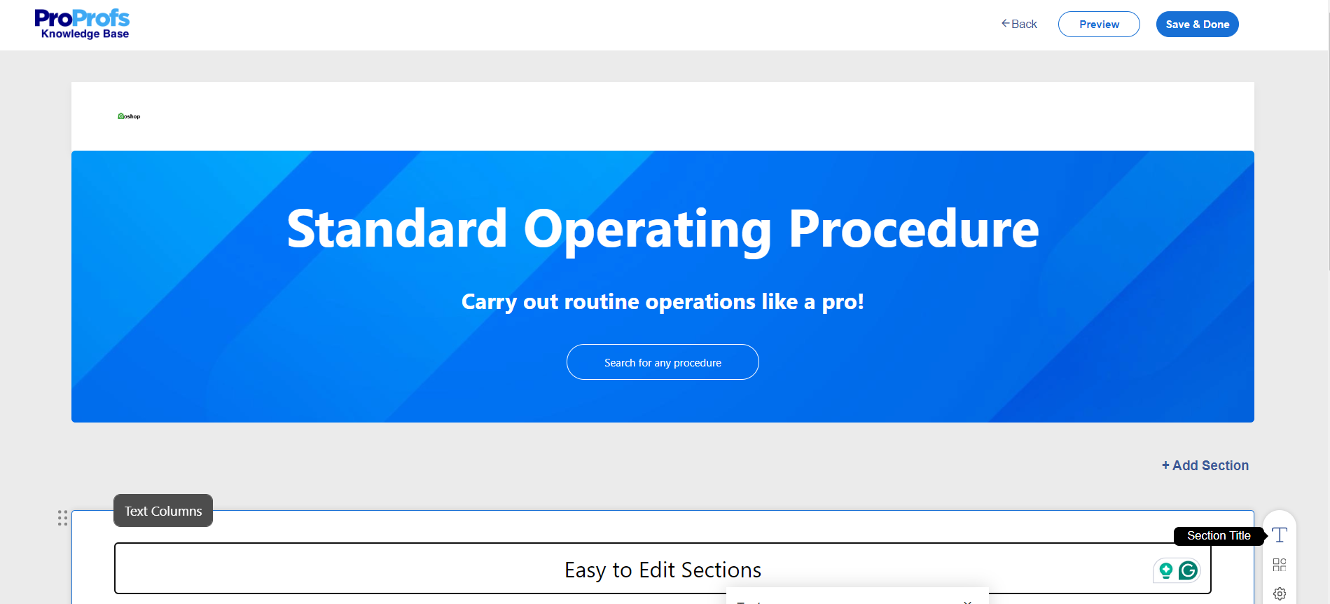 self service knowledge base User Interface